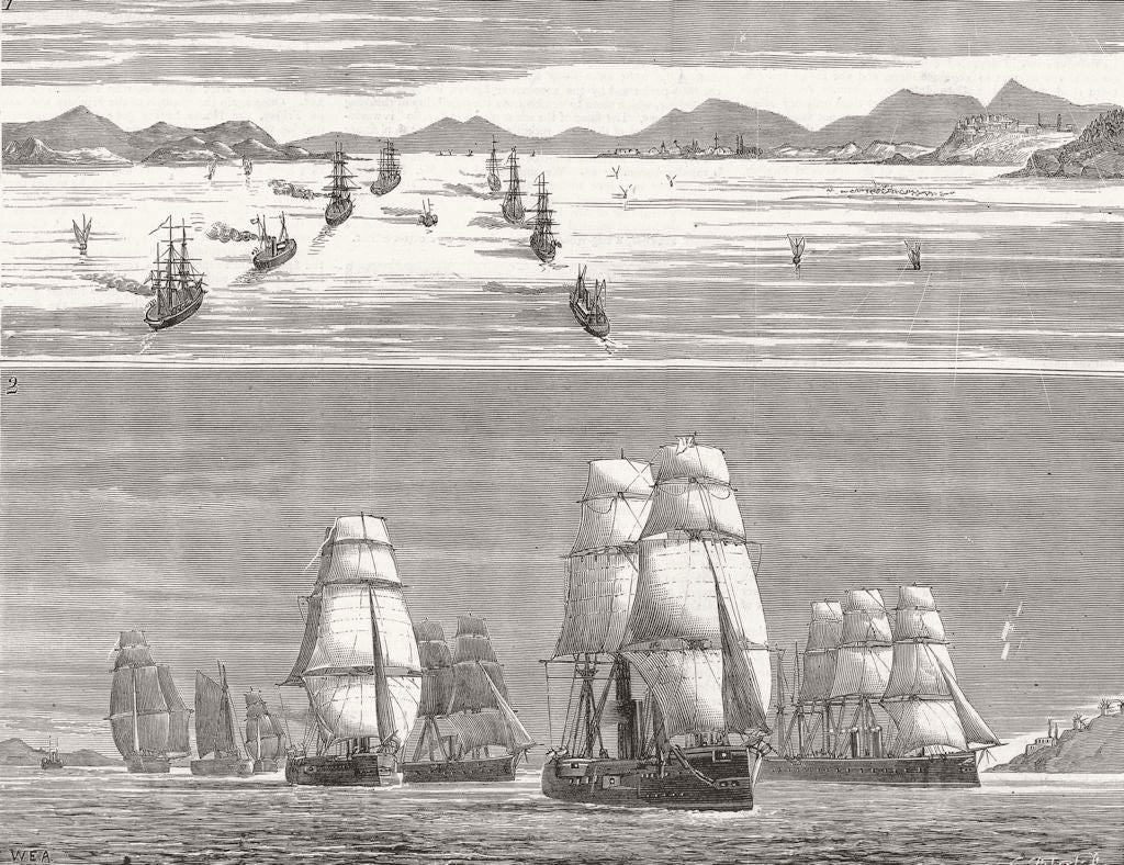 TURKEY. British fleet Dardanelles; 1 nearing Kum Kaleh; 2 at Mouth 1878 print